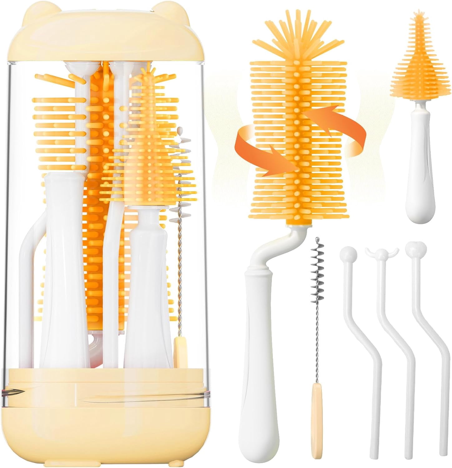 Bottle Brush Set,Travel Bottle Cleaner Kit with Baby Bottle Brush,UV Light,Straw Brush,Nipple Brush,Bottle Drying Rack for Home and Travel(Orange,Cylindrical)