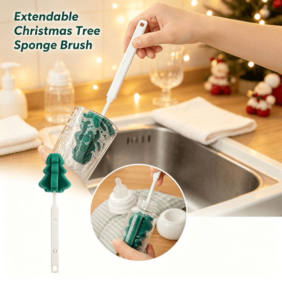 Bottle Brush, Sponge Christmas Tree Shape,Scalable Length Long Handle Bottle Brush, Flexible Scrub Brush for Multiple Types of Water Bottles