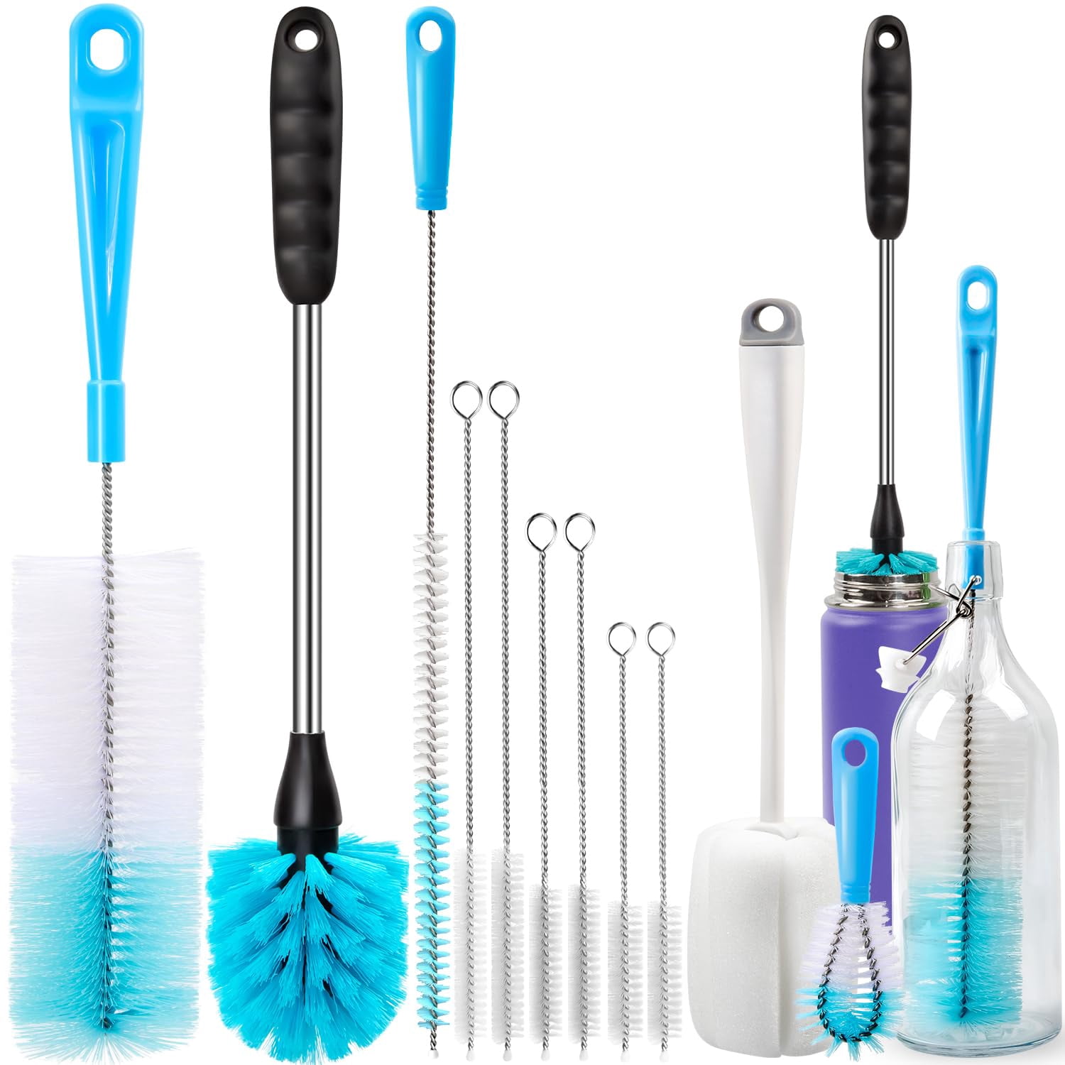 Bottle Brush Tube Cleaning Lab Set with Long Handle, Cup Cleaner for Washing Narrow Neck Beer Wine Decanter Pipes Lids Sinks Cap Covers,