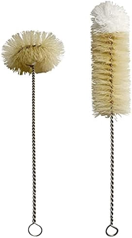 Bottle Brushes Thin Long Handle X 2, Skinny Wire Cleaner Set in Stainless Steel with Natural Boar Bristle at Wool Tip, Bendable Flexible for Cleaning Narrow Neck Bottles, Pipe, Tube, Hose