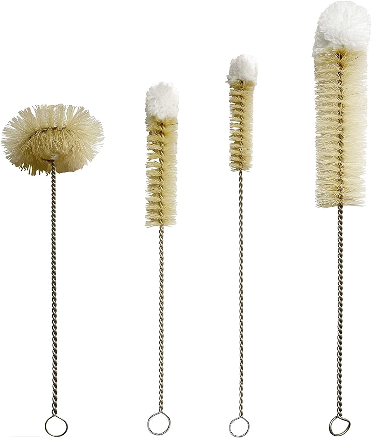 Bottle Brushes Thin Long Handle X 4, Skinny Wire Cleaner Set in Stainless Steel with Natural Boar Bristle at Wool Tip, Bendable Flexible for Cleaning Narrow Neck Bottles, Pipe, Tube, Hose