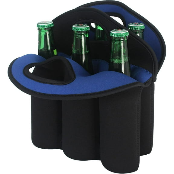 Bottle Carrier, Insulated Neoprene Beer Bottle Holder for Travel, Keeps Drinks Cold with Secure Carry Handle, Gift for Men (Black-Blue)