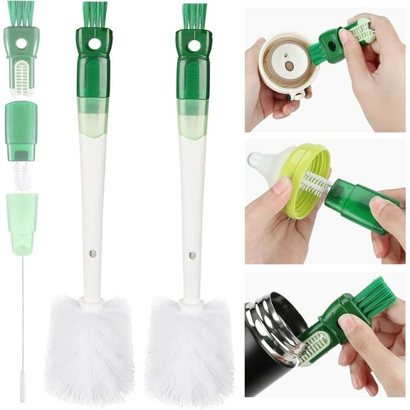 Bottle Cleaner Brush Set, 5 in 1 Long Handle Water Bottle Brush Kit for Cleaning Stainless Steel Bottle Straw Nipple Cup Lid Rim, Bottle Scrubber Washing Brush for Sports Bottle Tumbler, 2 Pack