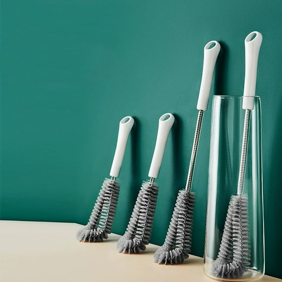 Bottle Cleaning Brush | Long Handle Stainless Steel & Nylon Bristles | Angled Curved Head for Cups, Mugs, Vases | Heavy Duty | Reaches Narrow Openings | 16.5x2.6x1.97in | 1 Pack