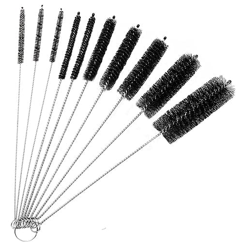 Bottle Cleaning Brushes,10 Inch Upgrade Nylon Tube Brush Set,Straw Cleaner Brush Kit for Narrow Neck Bottles Cups with Hook,Lab Clean,Cup,Pipes,Set of 10PCS(Black,10 inch)