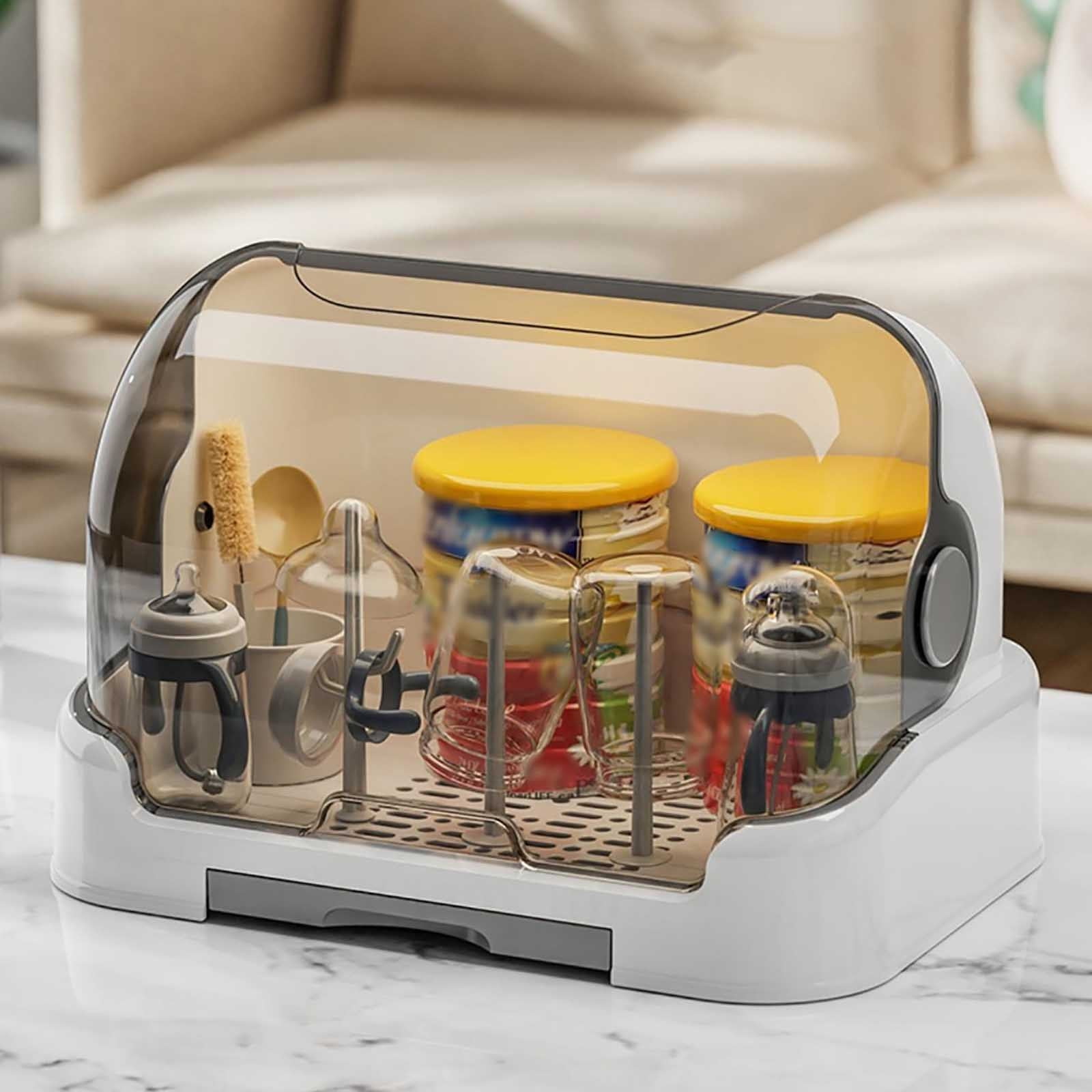 Bottle Drying Rack with Lid, Bottle Storage Box with Removable Drain Tray, Dustproof Portable Bottle Rack for Kitchen Cabinet, Things for Large Capacity, 32*26*25.5CM