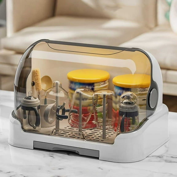 Bottle Drying Rack with Lid, Bottle Storage Box with Removable Drain Tray, Dustproof Portable Bottle Rack for Kitchen Cabinet, Things for Large Capacity, 32*26*25.5CM