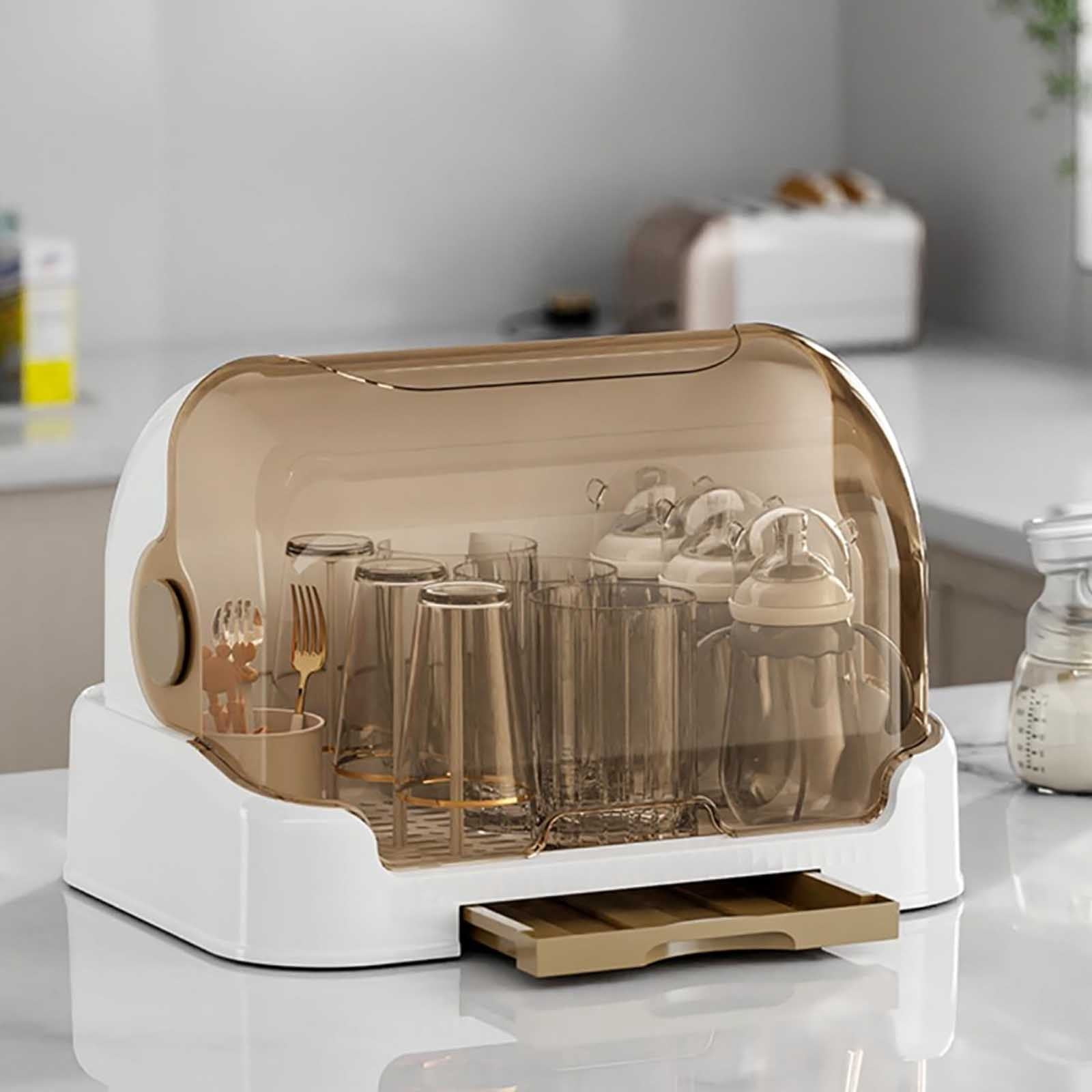 Bottle Drying Rack with Lid, Bottle Storage Box with Removable Drain Tray, Dustproof Portable Bottle Rack for Kitchen Cabinet, Things for Large Capacity, 32*26*25.5CM