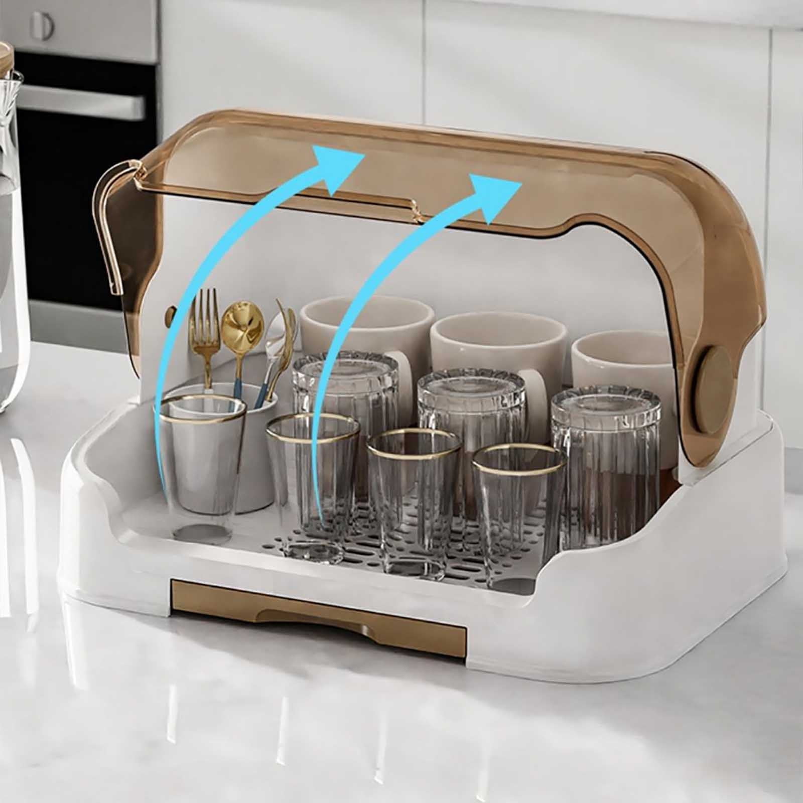 Bottle Drying Rack with Lid, Bottle Storage Box with Removable Drain Tray, Dustproof Portable Bottle Rack for Kitchen Cabinet, Things for Large Capacity, 40*29*27CM