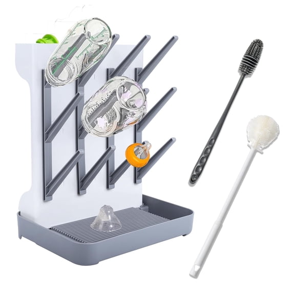Bottle Drying Rack Vertical Design, 12 Bottles Rack Capacity, Space Saving Countertop Vertical Rack with 2 Brushes Holder Detachable Travel