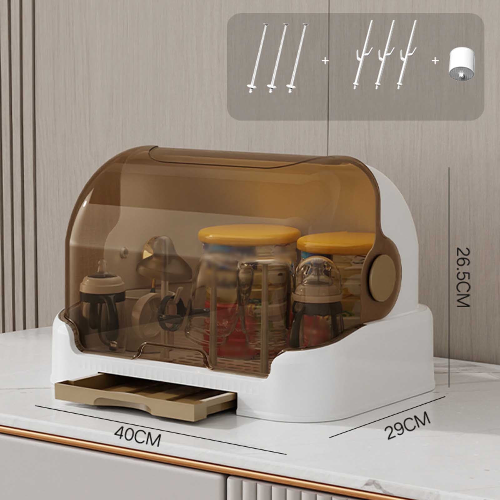 Bottle Drying Rack With Lid Storage Box With Removable Drain Tray Space Saving Countertop Drying Rack For Cups Utensils 15.75 x 11.02 x 10.63 Inches