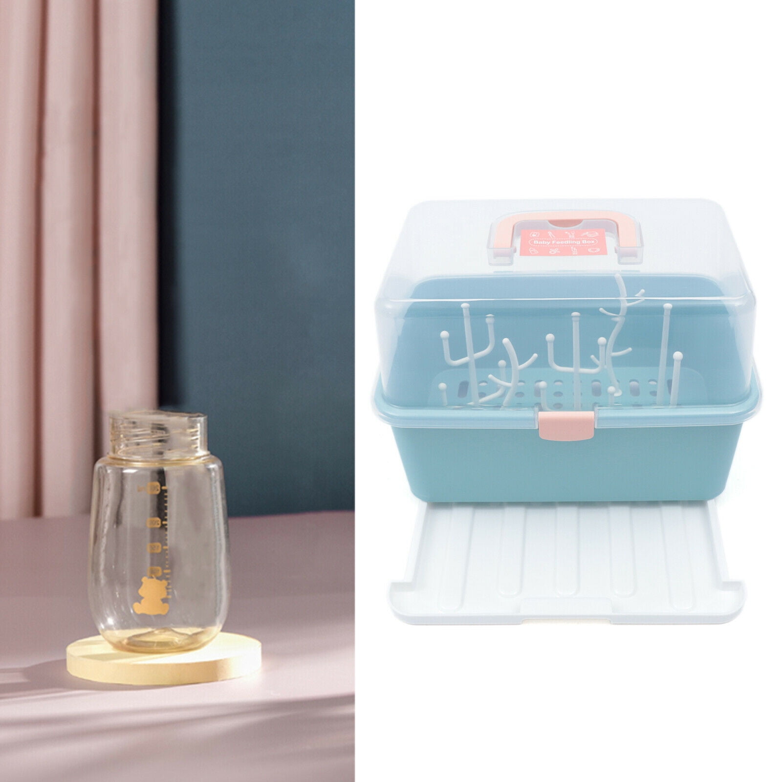 Infant Milk Bottle Storage Box With Lid And Dust-proof Water Cup Drain Rack,  Baby Bowl & Cutlery Organizer Plastic Container