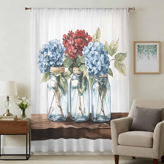 Bottle Flower Sheer Curtains 45 Inches Long, Country Red Blue Spring Budding Floral Light Filering Curtains, Breathable Simi Curtain Privacy Drapes for Kitchen Bathroom Small Window Treatment