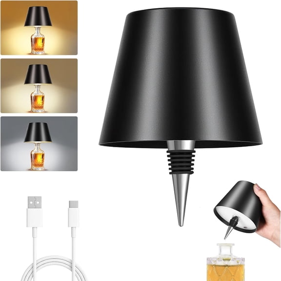 Bottle Lamp - 3 Color Stepless Dimmable, Metallic Black Lampshade, 5H Bright Light or 48H Soft , for  Decor, Parties, Bar
