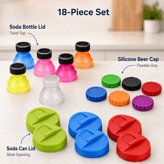 Bottle Lids Set,6 Pcs Soda Can Lids + 6 Pcs Can Covers + 6 Pcs Silicone Beer Bottle Caps,Spill-proof Bottle Tops for Soda,Beer,Juice,Reusable Fizz Lids