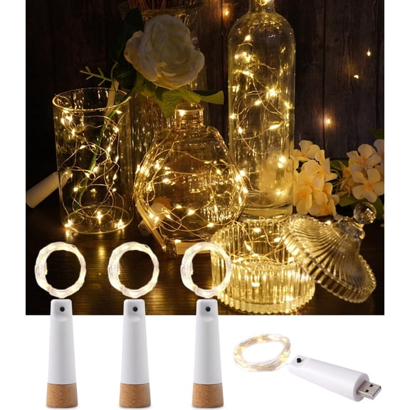 Bottle Lights with Cork, 4    Cork Lights for  Bottles,Christmas, Valentine's Day,Party Decoration, 20 LEDs, 6.6 Ft, Warm White