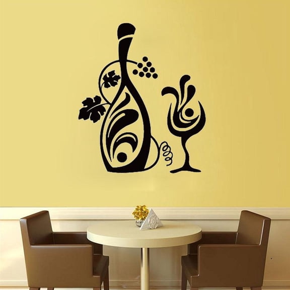 Bottle Of Grapevine Wine And A Glass Wall Sticker Creative Design Floral Wall Decals Kitchen Wall Decor Living Room Decoration 29x34cm