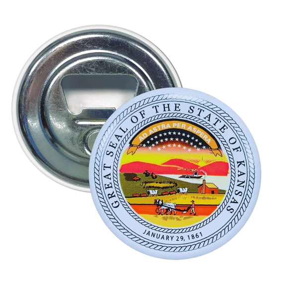 Bottle Opener - Magnet - State Seal Kansas - USA | Fridge-Mounted Bar Tool, Travel Souvenir, Collectible Kitchen Accessory
