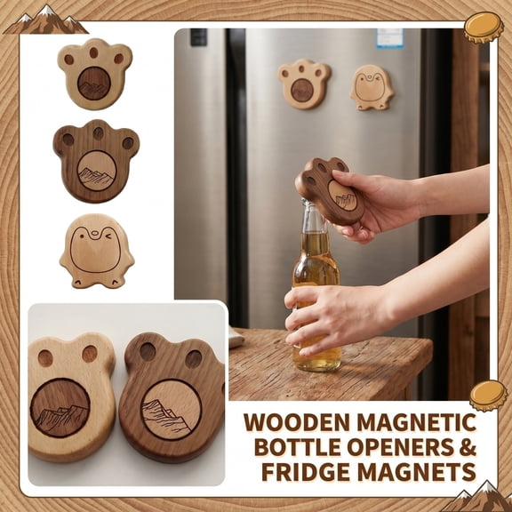 Bottle Opener Magnetic, Natural Wood Beer Bottle Opener with Strong Magnet for Fridge, Claw-Shaped Stainless Steel Bottle Cap Opener, Wooden Beer Opener Gift for Kitchen Bar Use,Style A