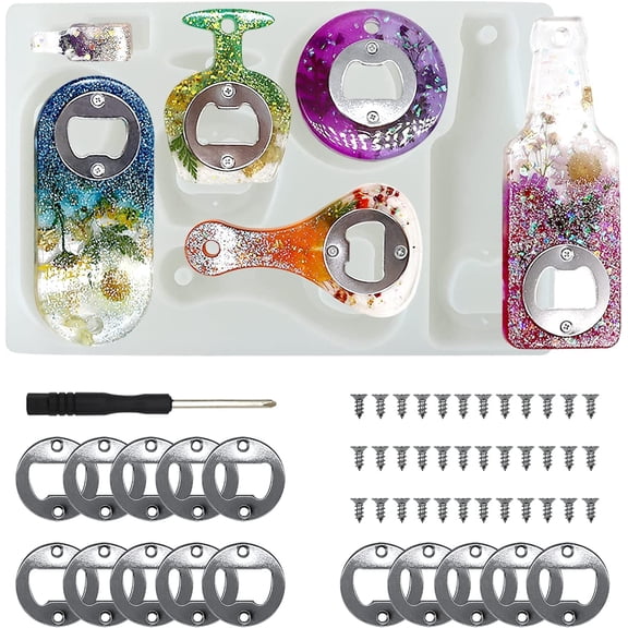 Bottle Opener Resin Molds,  Beer Opener Silicone Molds, Epoxy Resin Casting Molds, Beer Spanner Kit with Screwdriver and Patch, DIY Jewelry Craft Mold for Bottle Opener Keychain Wine Corkscrew