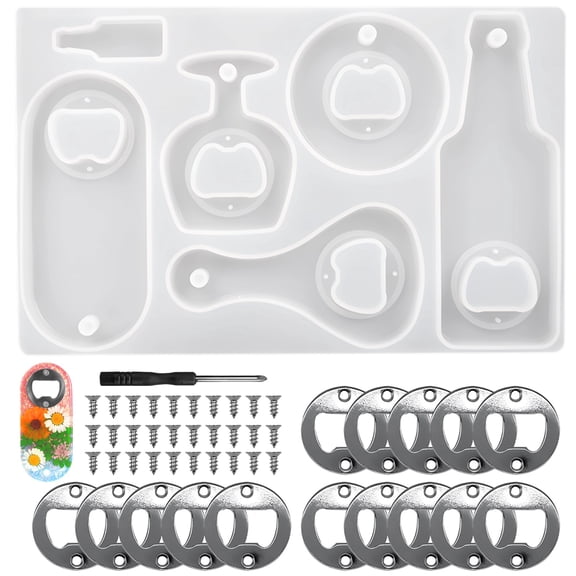 Bottle Opener Resin Molds Kit, 5 Unique Designs Silicone Molds For Epoxy Resin Crafts, DIY Bar Accessories With Metal Hardware, Screwdriver And Screws, Bottle Opener Making Set