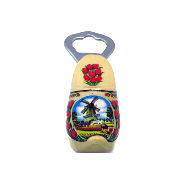 Bottle Opener Wooden Shoe with Windmill & Tulips
