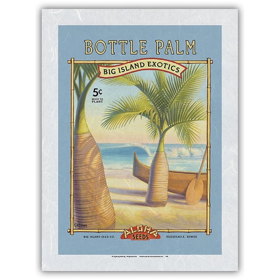 Bottle Palm - Aloha Seeds - Big Island Seed Company - Big Island Exotics - Vintage Seed Packet by Kerne Erickson - Japanese Unryu Rice Paper Art Print (Unframed) 12 x 16 in