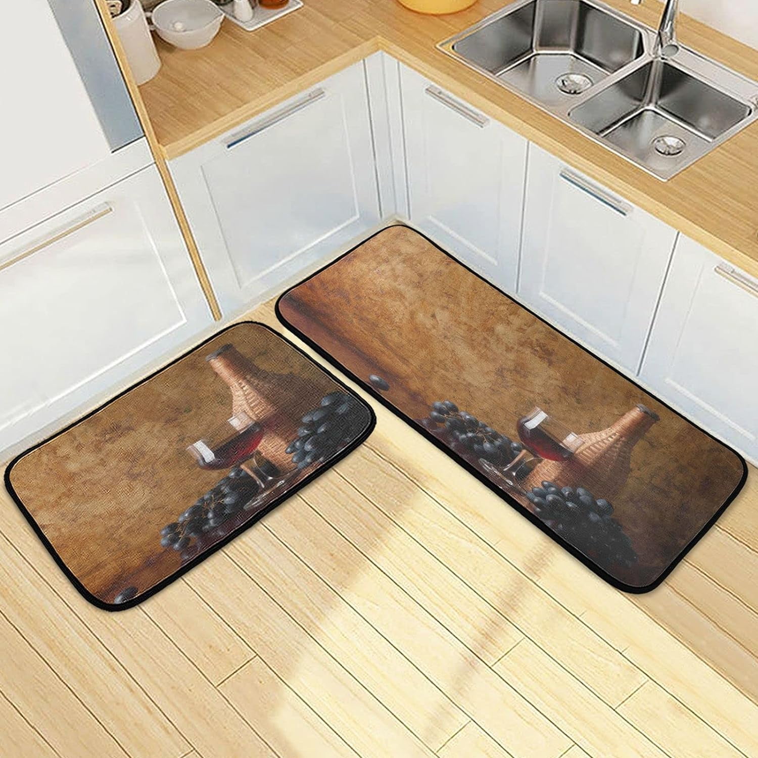 Bottle with Red Wine Kitchen Rugs 2 Pieces, Grape Farm Vintage Floor Mat Room Area Rug Washable