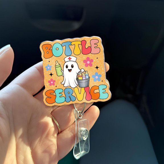 Bottle Service Nurse Badge Reel | Funny NICU Halloween Badge | Ghost Baby Bottle Badge Holder | L&D Postpartum Nurse ID Reel | NICU Gift