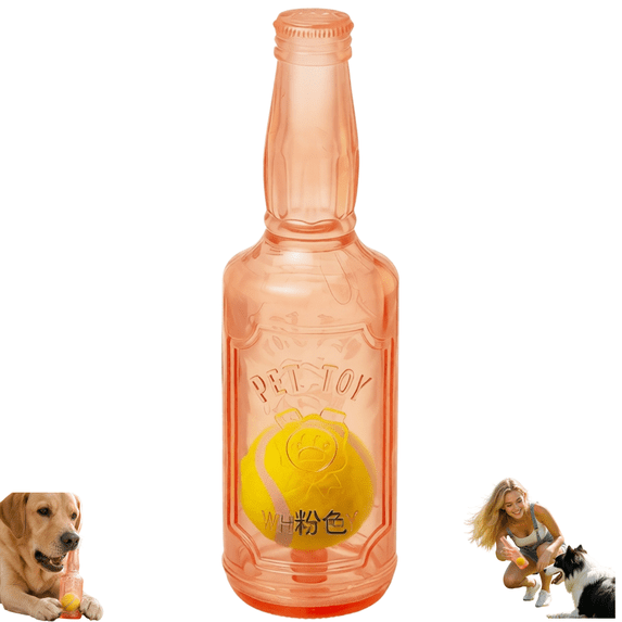 Bottle Shaped Squeaky Dog Chew Toy, Tough Teething Play Toy Built with Tennis Ball for Small Medium Dogs Daily Play