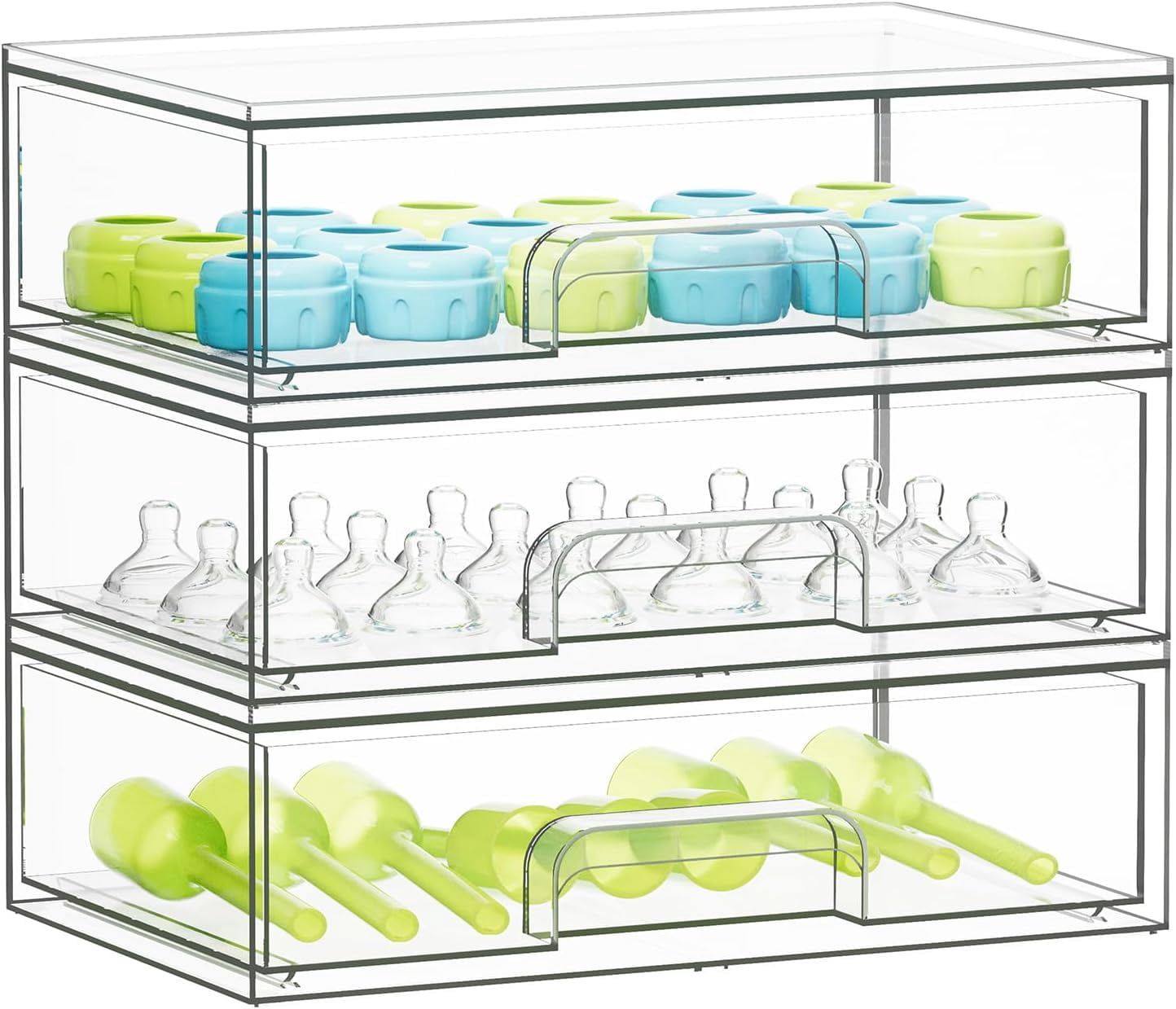 Bottle Storage Organizer Baby - Acrylic Bottles Station Organizer Container, Stackable Clear Drawers for Countertop, Vanity, Bathroom, Cabinet, Pantry Organization, 5 Pack, 2S2M1L, 15.4" H
