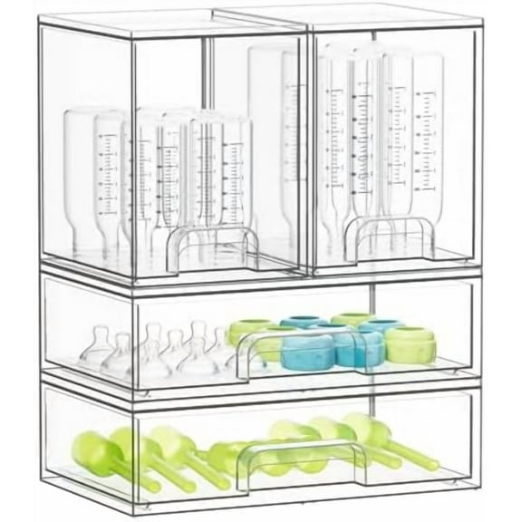 Bottle Storage Organizer Baby - Acrylic Bottles Station Organizer Container, Stackable Clear Drawers for Countertop, Vanity, Bathroom, Cabinet, Pantry Organization, 4 Pack, 2M2L, 14.4" H