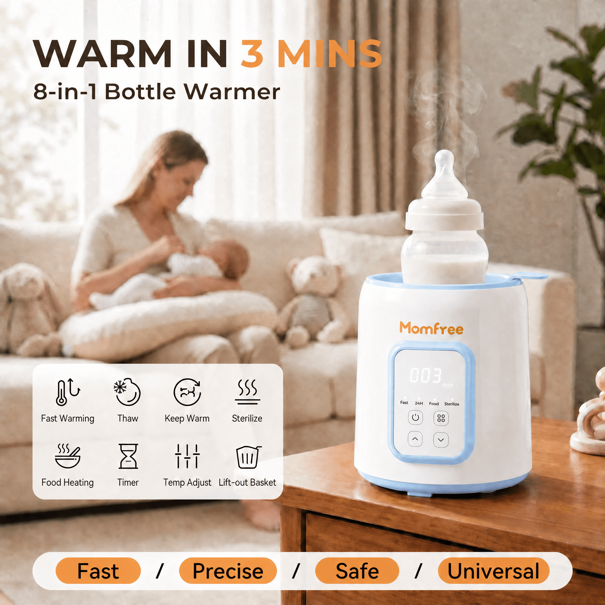Baby Essentials Bottle Warmer8-in-1Fast Heating for Breastmilk and Formula,Baby Registry Search,with Accurate Temperature Control and Automatic Shut-Off,with Defrost,Keep Warm,for All Bottles