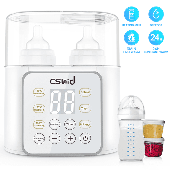 Bottle Warmer For Baby, Double Bottels Milk Warmer 9 in 1 Fast Food Heater & Defrost BPA-Free with Appointment, LCD Display, Timer & 24H Temperature Control for Breastmilk & Formula