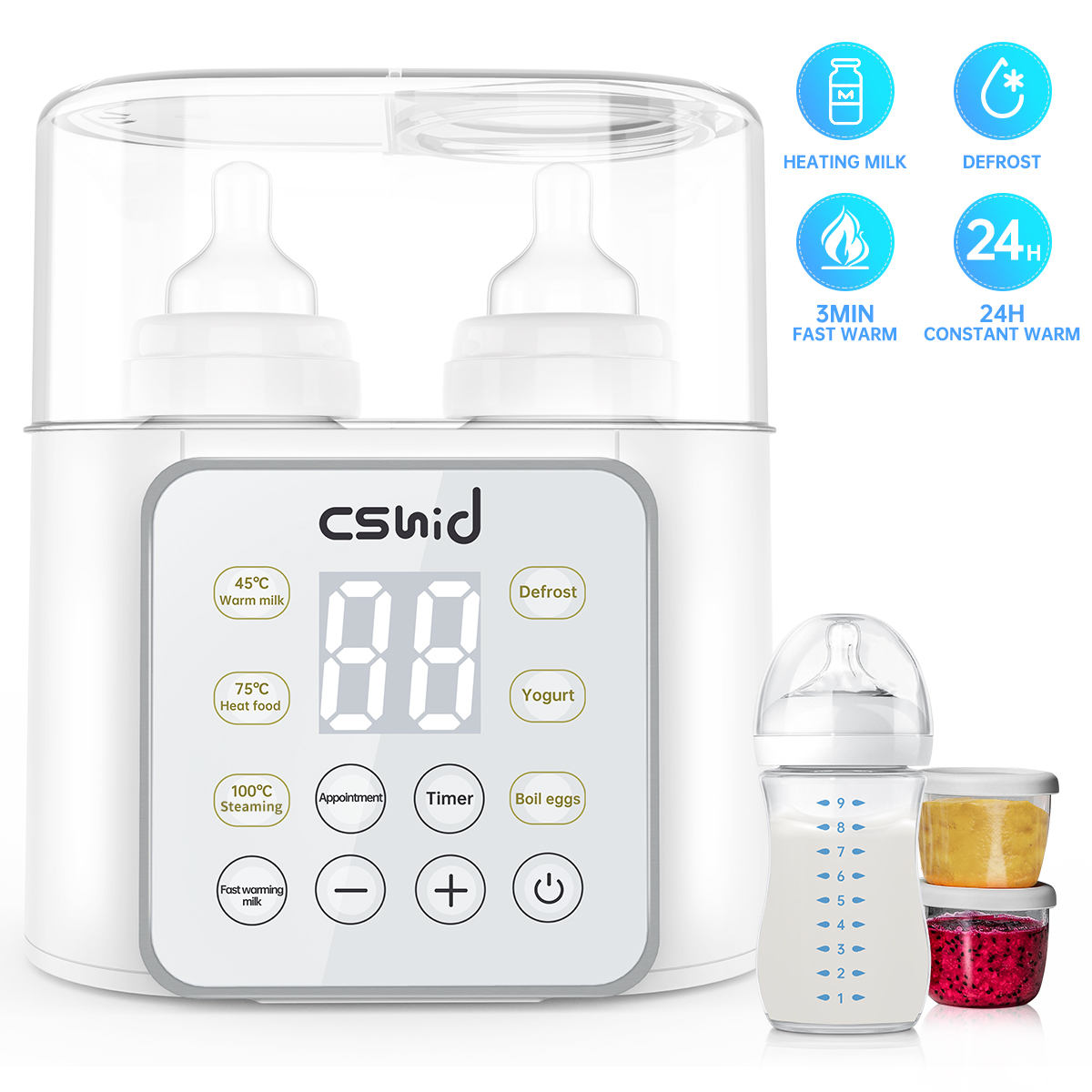 Baby Bottle Warmer, Double Bottles 9-in-1 Fast Milk Warmer with ...