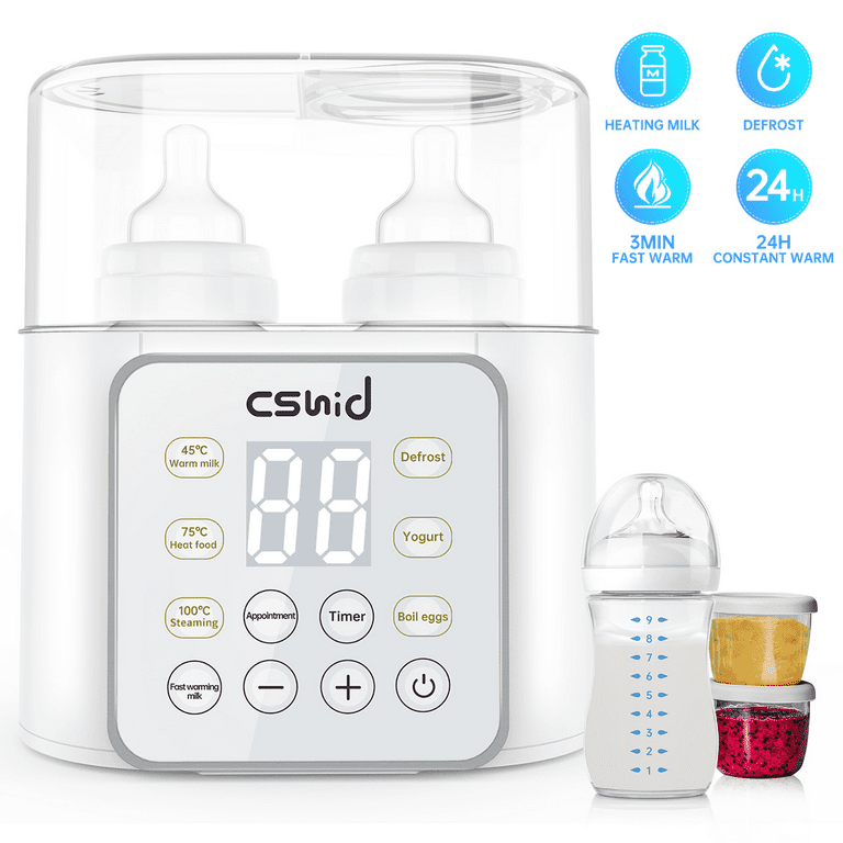 Bottle Warmer For Baby, Double Bottels Milk Warmer 9 in 1 Fast Food Heater  & Defrost BPA-Free with Appointment, LCD Display, Timer & 24H Temperature  Control for Breastmilk & Formula 