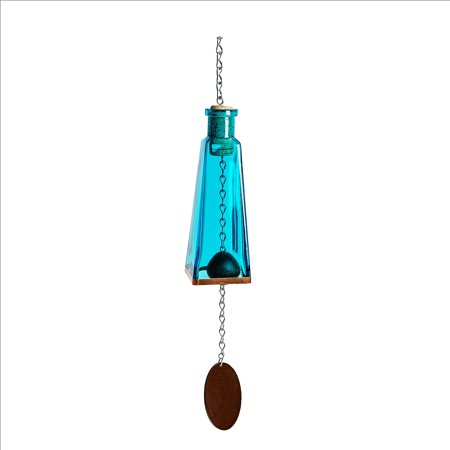 Bottle Wind Chime for Garden & Porch Decor with/Copper Accent, Stained Wooden Ball, & Colorful Glass Bottles - for Wind Chime Lovers (Aqua )