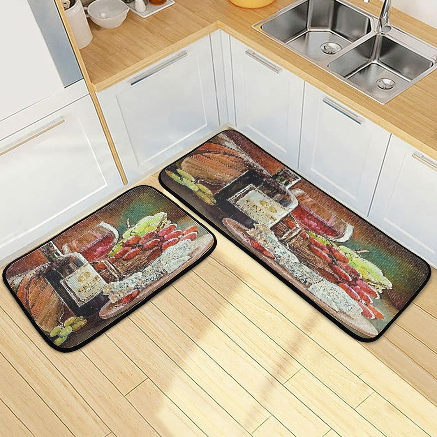 Bottle of Red Wine Kitchen Rugs 2 Pieces, Vintage Colorful Floor Mat Room Area Rug Washable
