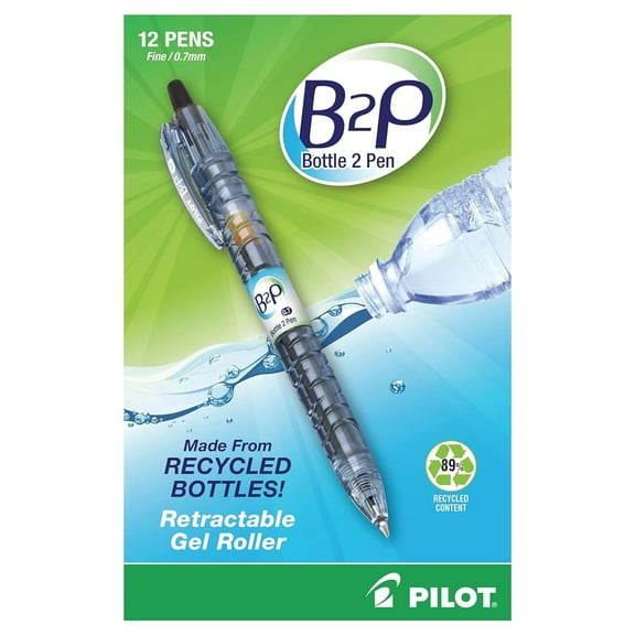 Bottle to Pen B2P Retractable Gel Pens, Fine Point, 0.7 mm, 89% Recycled, Translucent , Black , Pack Of 12