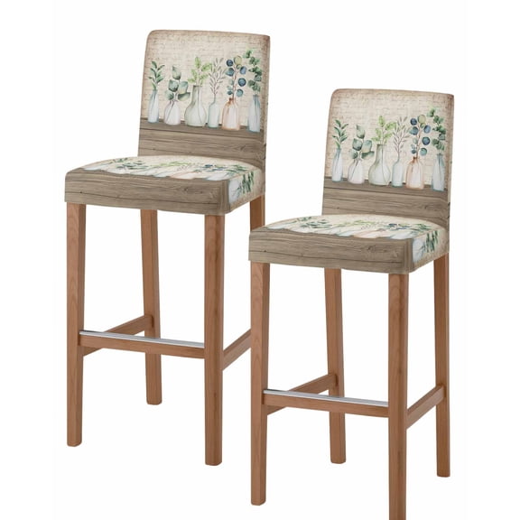 Bottles and Plants Bar Stool Covers Set of 2, Farmhouse Country Rustic Brown Wooden Plank Stretch Bar Chair Covers with Backs, Removable Pub Counter Height Chair Cover for Kitchen Dining Room Cafe
