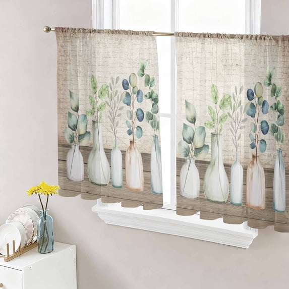 Bottles and Plants Sheer Curtains 54 Inch Length 2 Panels Set Window Treatments, Farmhouse Country Rustic Brown Wooden Plank Rod Pocket Semi Curtains for Living Room/Bedroom/Kitchen, 104"W x 54"L