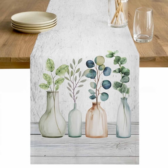 Bottles and Plants Table Runner 70 Inches Long Farmhouse Dress Scarves, Country Leaves Farmhouse White Wooden Grain Dining Tablerunner for Coffee Table/Kitchen Island/Party Décor, 13" x 70"