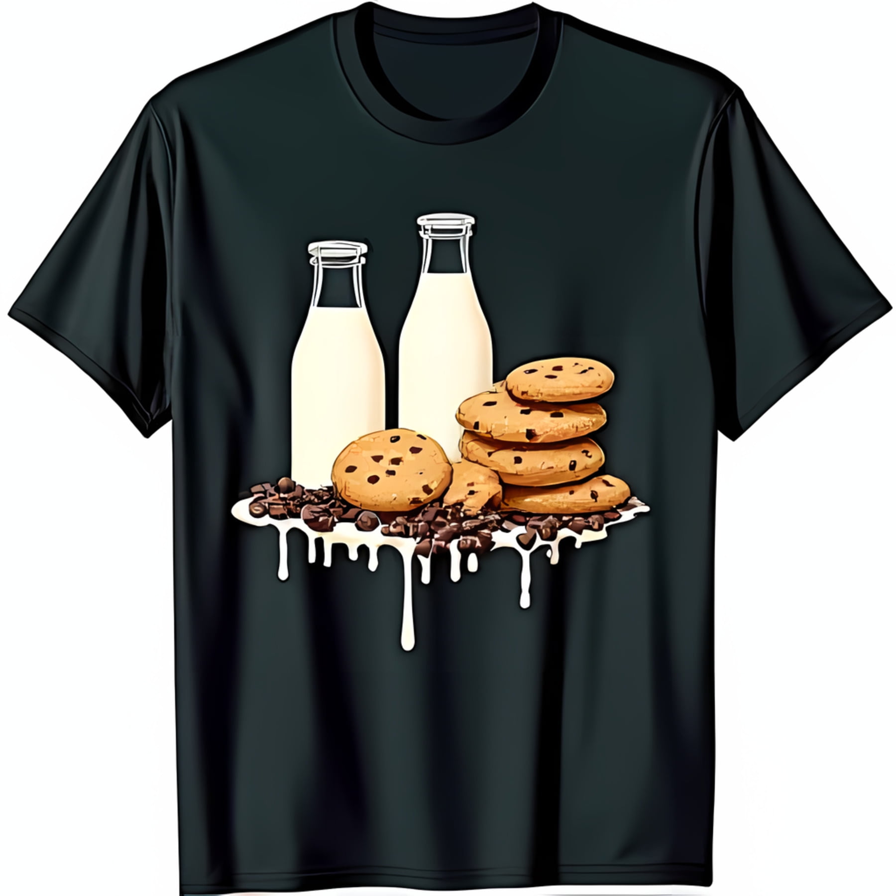 Bottles Pouring on Chocolate Chip Cookies Fun Black T-Shirt Design ...