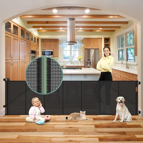 Bottom 100 Inch Retractable Gates Extra Wide Baby Gate for Large Openings, 8 ft Super Long Child Gates for Large Openings, Mesh Retractable Dog Gate for Doorways Extra Wide, Black