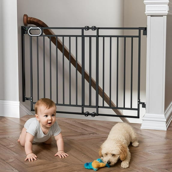 No Bottom Bar Baby Gate for Stairs, Adjustable Width 32” to 48” for Child and Pet, Dog Gate with Auto-Close & One-Hand Operation, Hardware-Mounted Installation for Doorways and Indoor,Black