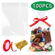 Bottom Gusset Bags Mug Gift Wrap Clear Cellophane Plastic Treat Goodie Bags with Ribbon Twist Ties Party Favor Packaging 8x 11 100Pcs