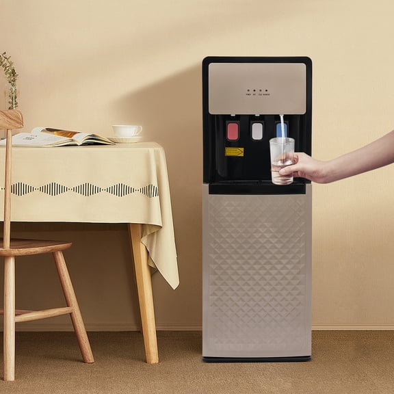 Bottom Loading Water Dispenser with Hot and Cold Water, 500W Heating 90W Cooling, Champaign Gold Floor Standing Cooler Machine for Home Office - 3 Temperature Settings, Safety Protection