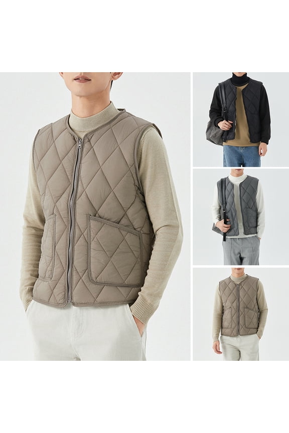 Bottoming Waistcoat V-Neck Sleeveless Zipper Placket Vest Coat with Pockets Solid Color Rhombus Shape Velvet Lining Vest Jacket