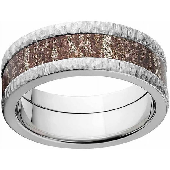 Bottomland Men's Camo Stainless Steel Ring with Tree Barked Edges and Deluxe Comfort Fit