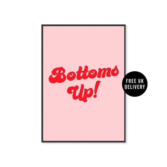 Bottoms Up Typography Wall Art Poster, Gin Home Bar Poster, Retro Text Poster Wall Art, A5 A4 A3 A2 A1 Poster, Pink Bar Cart Poster, Unframed Poster Size 12x18